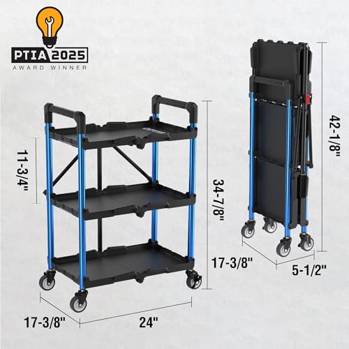 WORKPRO 3-Tier Collapsible Service Cart, Black/Blue, 210 LBS Foldable Utility Cart with Wheels, Portable Rolling Tool Cart for Garage, Warehouse, Home, Restaurant and Office (No Assembly Required) - color: Black/Glossy Blue