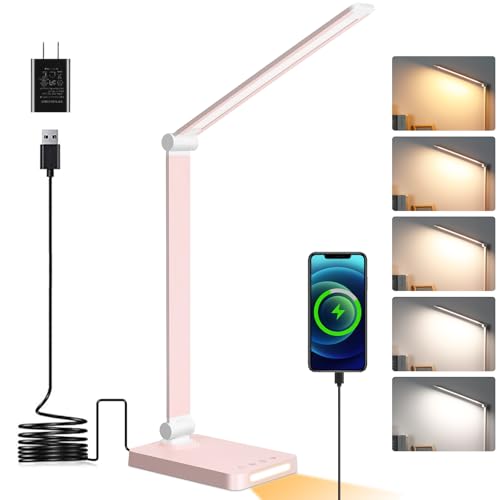 LED Desk Lamp with USB Ports,Touch Desk Lamps for Home Office with 5 Color Modes,3 Brightness Desk Light with Small Night Light,Reading Lamp Table Lamp for Bedroom Bedside Study Pink （with adapter） - color: Pink