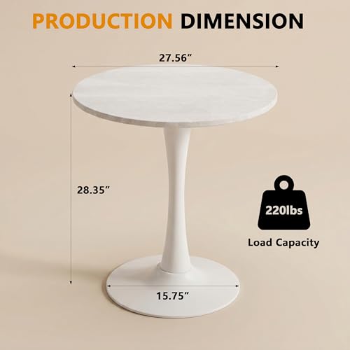 27.6" Marble Round Tulip Table, Mid-Century Modern Style Dining Table with White Pedestal Base for 2-4 People, Featuring A Marble Tabletop for Kitchen, Dining Room, Cafe (Grayish White) - color: Grayish White#white