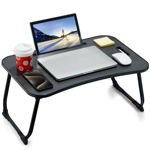 ZEAPTAC Laptop Bed Desk, Foldable Lap Desk, Portable Lap Table, Laptop Stand with Cup Holder, Tablet Slot & Lifting Handle for Work, Write, Draw & Eat on Bed, Sofa or Couch - Black - color: Black Stripe