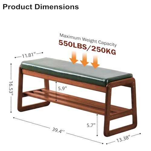 SOBIBO Solid Wood Shoe Bench, 2-Tier Wooden Entryway Bench, Modern Shoe Rack with Faux Leather Cushion for Hallway, Living Room (Green, 39.4'') - color: Green, size: 39.4 inches
