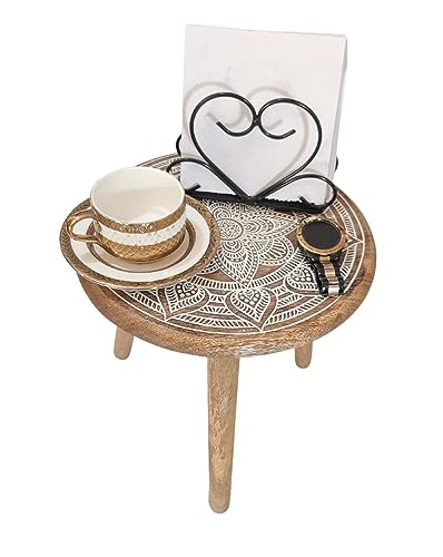 VANIYA CRAFTS® Wooden Engraved Fold-able Side Table/End Table/Plant Stand/Stool for Living Room Bedroom Restaurant Kids Play Furniture Table Round Shape (Natural White 1) - color: Natural White 1