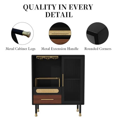 ARTPOWER Modern Coffee Bar Cabinet with Pull-Out Wine Storage, Black | Bar Cart with Wine Glass Rack and Drawers, Liquor Cabinet for Kitchen, Dining Room, Living Room - color: Black