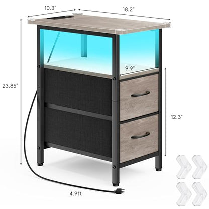 Vagusicc Set of 2 Nightstand with Charging Station and LED Lights, Narrow Side Table, LED Night Stand with 2 Fabric Drawers, Bedside Table Small End Table, Tall Nightstand for Bedroom, Rustic Grey - color: Greige, size: 2, style: With LEDs