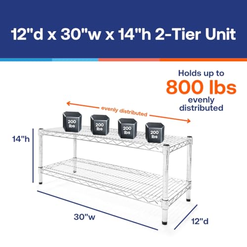 Shelving Inc. 12" d x 30" w Chrome Wire Shelving with 2 Tier Shelves, Weight Capacity 800lbs Per Shelf - size: 12"d x 30"w x 14"h