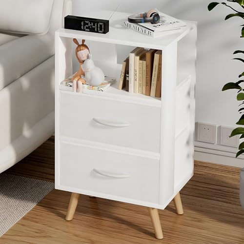 Aenuert Night Stand, White Nightstand with Fabric Drawers, Wooden Side Table with Open Storage, 3-Tier Modern End Table, Bedside Table for Small Space, Living Room, Bedroom - color: White, size: 3-Tier with Fabric Drawers