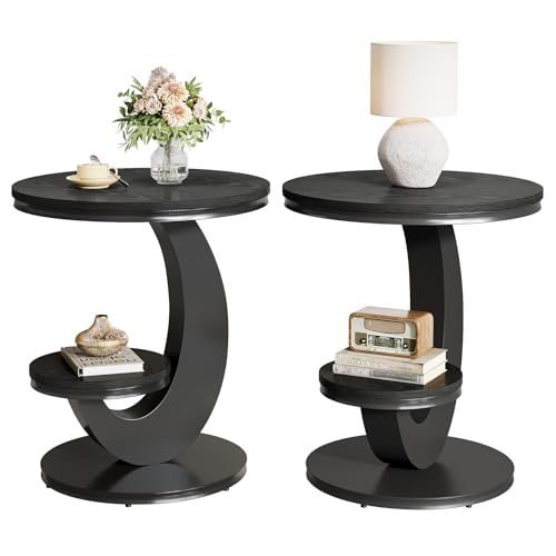 Tribesigns Round End Table Set of 2, 2 Tiers Side Table with Storage Shelf, Sofa Side Bedside Nightstand with Metal Arc-Shaped Frame for Small Spaces, Living Room, Bedroom, Black (2PCS) - color: Black
