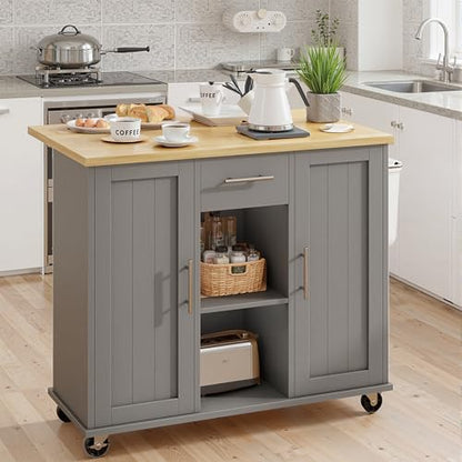 SUNLEI Rolling Kitchen Island Cart with Wheels, Island Table for Kitchen, Farmhouse Kitchen Cart with Drop Leaf & Towel Rack & Drawer, Kitchen Islands Table with Storage Cabinet, Grey - style: Grey