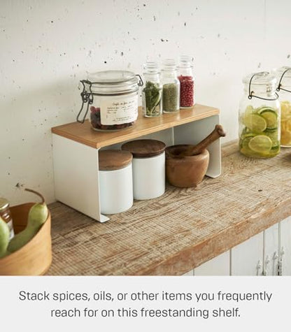 YAMAZAKI Home Tosca Wood-Top Stackable Kitchen Rack - Modern Counter Shelf Organizer - Small - Steel + Wood - Stack Up to Two - size: Small