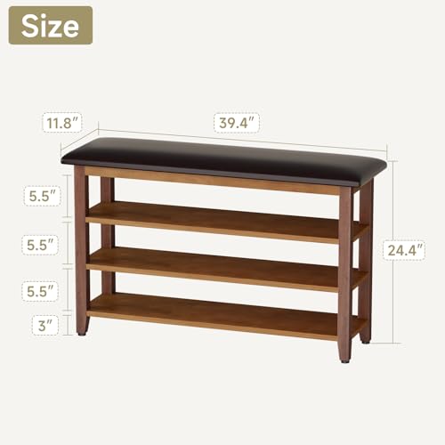 Shoe Bench with Leather Cushion,Rubberwood Bench with Shoe Rack | 3-Tier Shoe Storage Organizer for Entryway,Hallway,Living Room - size: 3-Tier-39.4"