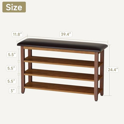 Shoe Bench with Leather Cushion,Rubberwood Bench with Shoe Rack | 3-Tier Shoe Storage Organizer for Entryway,Hallway,Living Room - size: 3-Tier-39.4"