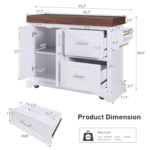 53" Large Kitchen Island with Ultra-Thick 3.5" Countertop, Heavy-Duty Rolling Storage Cart on 5 Wheels, 2 Extra-Large Drawers, Adjustable Cabinet Shelf, for Kitchen, White - color: White