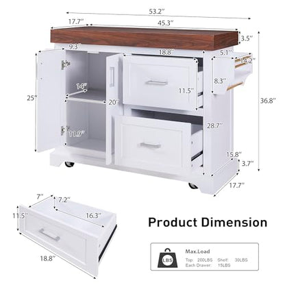 53" Large Kitchen Island with Ultra-Thick 3.5" Countertop, Heavy-Duty Rolling Storage Cart on 5 Wheels, 2 Extra-Large Drawers, Adjustable Cabinet Shelf, for Kitchen, White - color: White