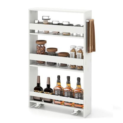 4-Tier Slim Rolling Storage Cart, Wooden Kitchen Utility Cart with Wheels & Handle, Space Saving Trolley, Slide Out Shelving Unit for Narrow Spaces, Laundry, Bathroom (White) - color: White