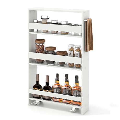 4-Tier Slim Rolling Storage Cart, Wooden Kitchen Utility Cart with Wheels & Handle, Space Saving Trolley, Slide Out Shelving Unit for Narrow Spaces, Laundry, Bathroom (White) - color: White