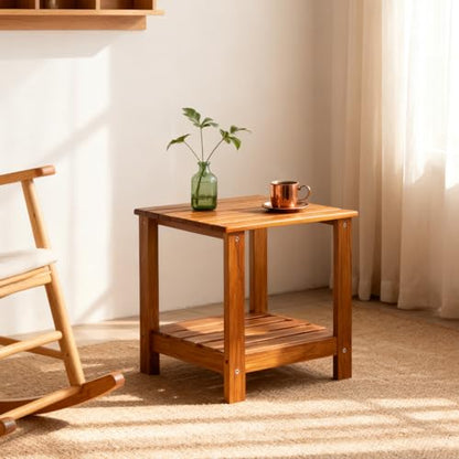 Utoplike Teak Side Table Outdoor, Patio End Table Double Layer for Garden | Wooden Coffee Accent Tables for Backyard, Pool, Bed, Living Room, Couch, Two-Tier - size: 2-Tier