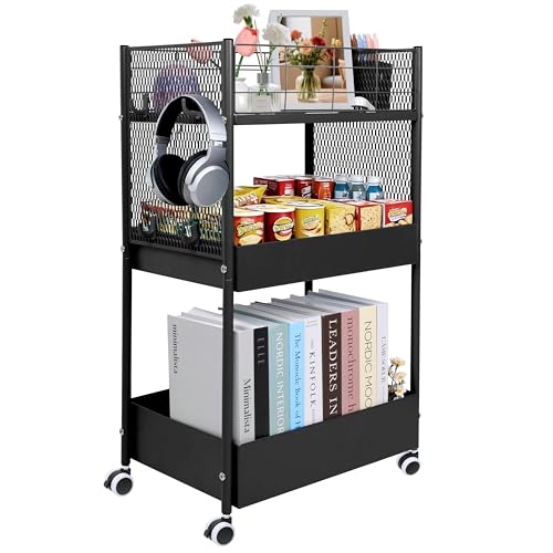 3 Tier Rolling Storage Cart Metal Utility Cart with Wheels | Office Organizer with Hooks & Hanging Cups, Mobile Shelving Unit for Kitchen Nursery Craft Snack Book - color: Matte Black