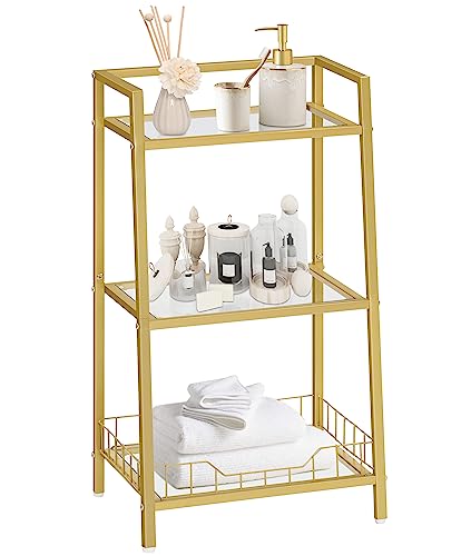 HOOBRO Gold Glass Shelf Stand, 3 Tier Standing Shelf Unit, Bathroom Organizer and Storage, Floor Storage Shelves Waterproof, for Bathroom, Laundry, Toilet, Tempered Glass, Gold GD77CJ01 - size: 15" L x 11.8" W x 30.3" H