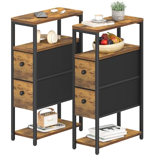 KLUVIS Narrow Nightstands Set 2 - Skinny Side Table Slim Night Stand for Small Space Bedroom Thin Bedsides Tables with 2 Drawers, Farmhouse Brown