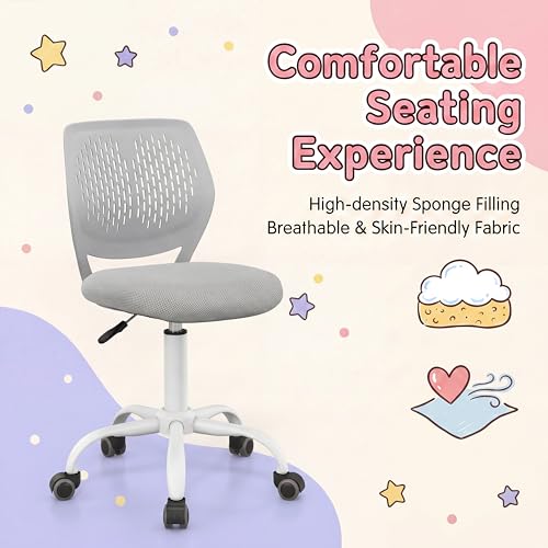 Costzon Kids Desk Chair, Armless Height Adjustable Kids Computer Chair w/Elastic Sponge Filling, Ergonomic Backrest & Stable 5-Point Wheels, Children Rolling Swivel Chair for Studyroom (Gray) - color: Grey