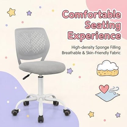 Costzon Kids Desk Chair, Armless Height Adjustable Kids Computer Chair w/Elastic Sponge Filling, Ergonomic Backrest & Stable 5-Point Wheels, Children Rolling Swivel Chair for Studyroom (Gray) - color: Grey