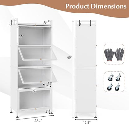 LDAILY 5-Tier Kitchen Storage Cabinet, Mobile Microwave Stand with Metal Frame, Double Anti-toppling Device, 4 Rolling Casters, Freestanding Bakers Rack for Kitchen, Dining Room, Living Room (White) - color: White