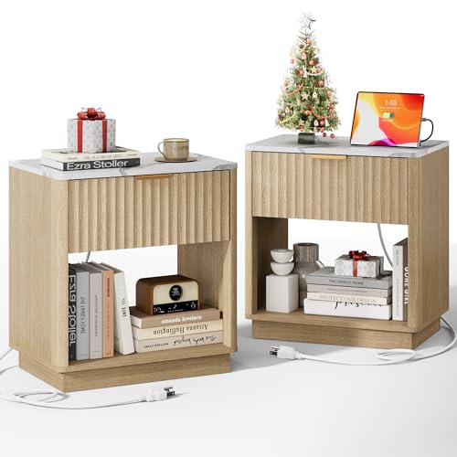 Fluted Nightstand, Night Stand Set 2, 23" Wide Nightstands Set of 2 with Charging Station & Faux Marble Top, Modern End Table with Drawer, Bedside Table for Bedroom Living Room, Natural Oak - color: Natural Oak + Faux Marble Top, size: 1 Drawer（23"W）
