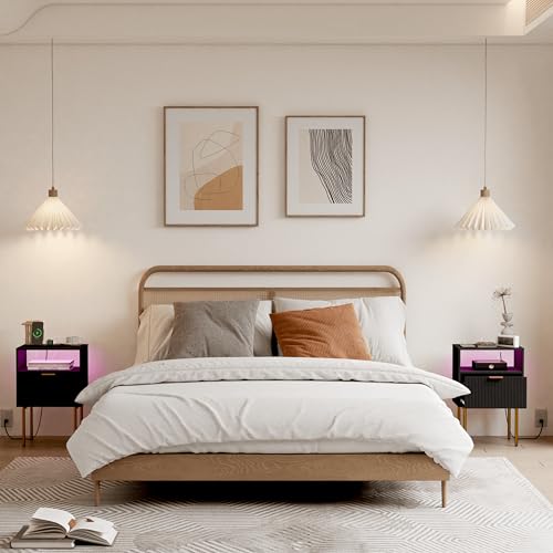Modern Nightstand with Charging Station and LED Lights, Black Nightstand with Drawer, Fluted Nightstand for Living Room, Bedroom - color: Black