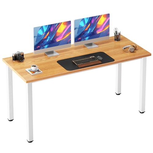 Need 54.3 Inch Large Computer Desk, Teak Wooden Top with White Metal Frame | Simple Style, Home Office, Basic Sturdy Writing Table, Study Student, Adjustable Feet, Water-Resistant, Easy Assembly - color: Teak & White, size: 54 inches