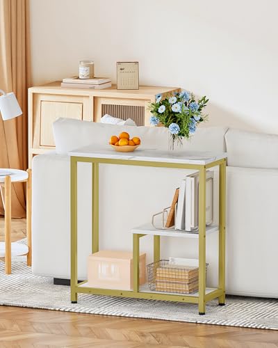 CHOEZON Modern Console Sofa Table 3-Tier Hallway Table Open Storage, Marble Veined Table Top, Metal Frame, for Entryway, Foyer, Marble White and Gold TXG03DJ