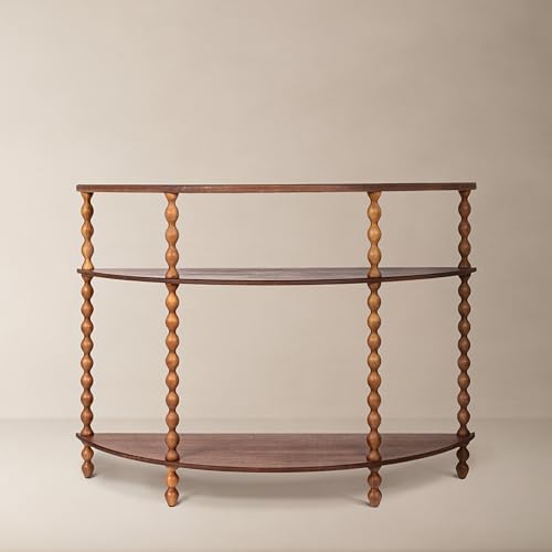 Creative Co-Op 3-Tier Curved Accent Table with Beveled Shelves and Doweled Legs, Walnut Finish - color: Walnut Color, size: 47.25"L x 15.75"W x 34.5"H