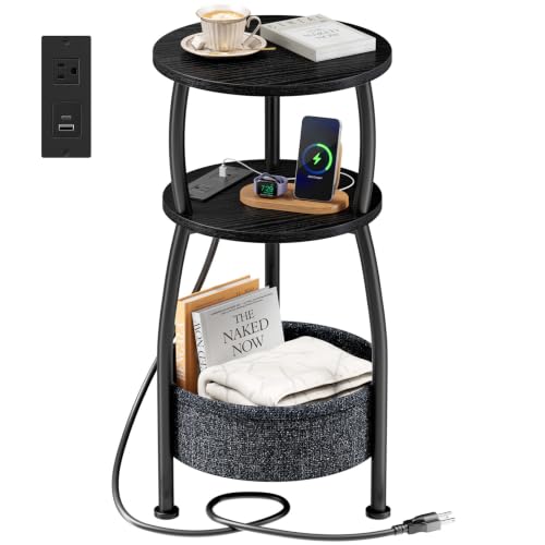 Round Side Table with Power Outlets, Small Coffee Table with S Basket, Space Saving End Table 3-Tier Bedside Corner Table Stand for Living Room, Bedroom, Garden 11.8in Classic Black - color: Classic Black, size: 11.81" Dia With Power Strip