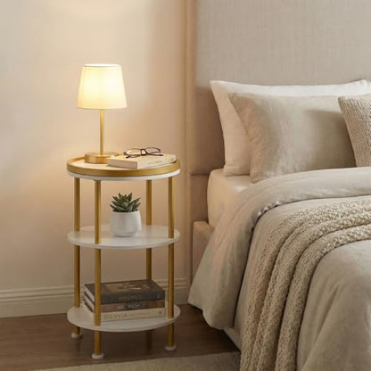 Small Round Side Table, Gold Round End Table with White Shelves, 3-Tier Modern Nightstand for Bedroom & Living Room, 21.7" H Narrow Gold Accent Table for Small Spaces, Dorm, Nursery (White & Gold) | Gold Round End Table with White Shelves, Nightstand for