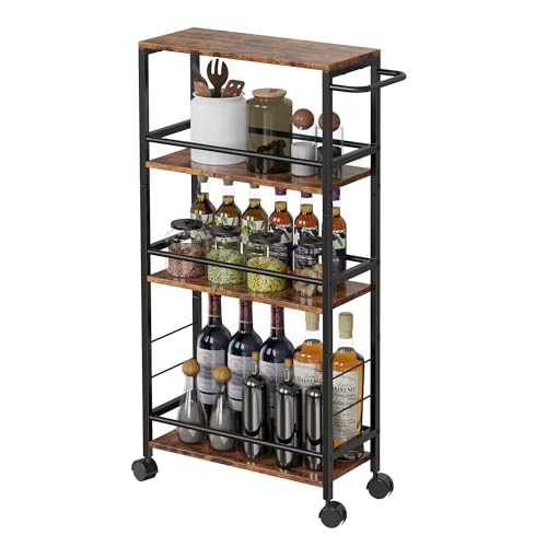 Slim Rolling Cart, 4-Tier Kitchen Storage Rolling Cart, Narrow Cart with Handle, Mobile Utility Cart for Small Space, Shelving Unit for Kitchen, Dining Room, Living Room, Home Office, Laundry Room