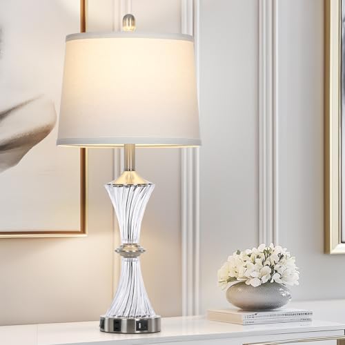 Rinweey Crystal Glass Table Lamp with USB C+A Ports & AC Outlet,White Clear Modern Bedroom Lamp,Silver Lamp for Living Room,Nightstand Lamp LED Bulbs Included,Single Silver - color: Silver-1P