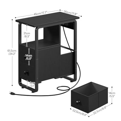 HOOBRO Narrow End Table with Charging Station & LED Lights, Slim Nightstand with 2 Fabric Drawers and Open Shelves, Narrow Side Table for Living Room, Bedroom, Black BB430UDBZ01 - color: Black