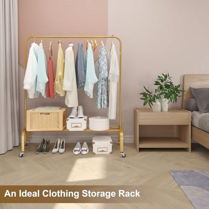 Metal Clothing Rack with Wheels 43.3 Inches Rolling Clothes Garment Coat Rack with Bottom Shelf Clothing Rack for Hanging Clothes Coats Skirts Shirts Sweaters Gold - color: Gold, size: 43.3"W x 15.75"D x 61"H with wheels