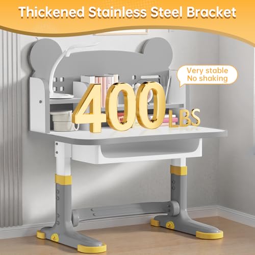 Kids Desk and Chair Set, Height Adjustable Child's School Study Writing Tables, Kids Desk with Bookstand and Storage Drawer, Widened Desktop with Desktop for Boys and Girls (Gray-F) - color: Gray-f