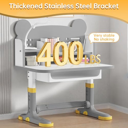 Kids Desk and Chair Set, Height Adjustable Child's School Study Writing Tables, Kids Desk with Bookstand and Storage Drawer, Widened Desktop with Desktop for Boys and Girls (Gray-F) - color: Gray-f