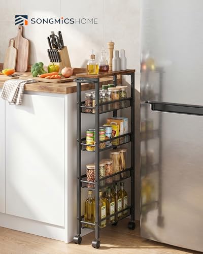 SONGMICS HOME Slim Rolling Cart, 5-Tier Storage Cart with Wheels and Handle, Narrow Utility Cart for Kitchen, Living Room, Brown and Black - style: 5 Tiers