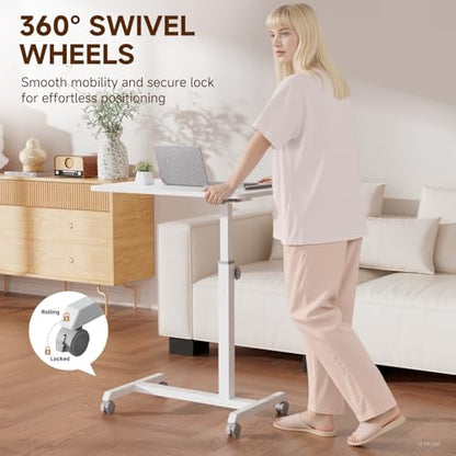 GTPLAYER Small Standing Desk, 24 Inches Foldable Mobile Rolling Laptop PC Table with Lockable Casters, Adjustable Height Overbed Bedside Table Computer Workstation for Home Office, White-Foldable - color: White-foldable