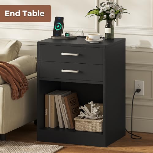 ADORNEVE Black Nightstand Set of 2,Bedside Table with Drawers | Nightstand with Charging Station,Night Stands for Bedrooms Set of 2,Bed Side Tables Bedroom Set of 2 - color: Black