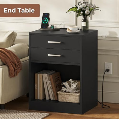 ADORNEVE Black Nightstand Set of 2,Bedside Table with Drawers | Nightstand with Charging Station,Night Stands for Bedrooms Set of 2,Bed Side Tables Bedroom Set of 2 - color: Black