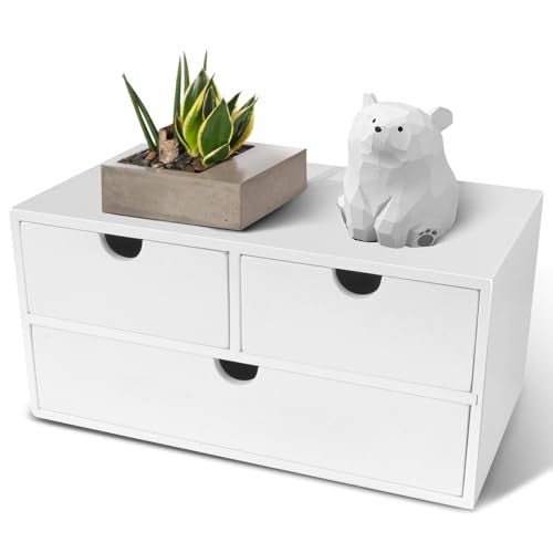 Charmewooden Bamboo Desk Organizer with 3 Drawers, Countertop Organizer with Drawers Makeup Storage Drawer 3 Drawer Tabletop Storage Organization Box Home Office Workspace（White） - color: White