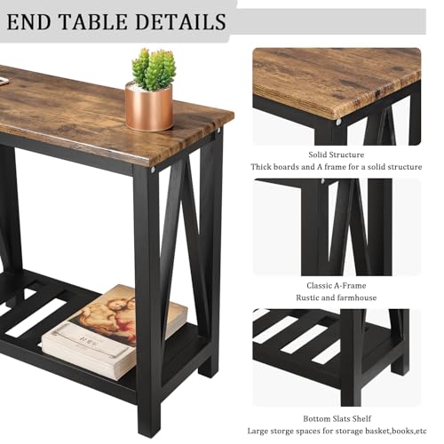 Narrow Side Table Rectangular End Tables with Storage Shelf Small Industrial Nightstands Bedside Table for Small Spaces Living Room Bedroom Bathroom Brown Smooth Tabletop and Black Legs - color: Brown&black