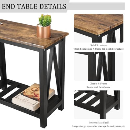 Narrow Side Table Rectangular End Tables with Storage Shelf Small Industrial Nightstands Bedside Table for Small Spaces Living Room Bedroom Bathroom Brown Smooth Tabletop and Black Legs - color: Brown&black