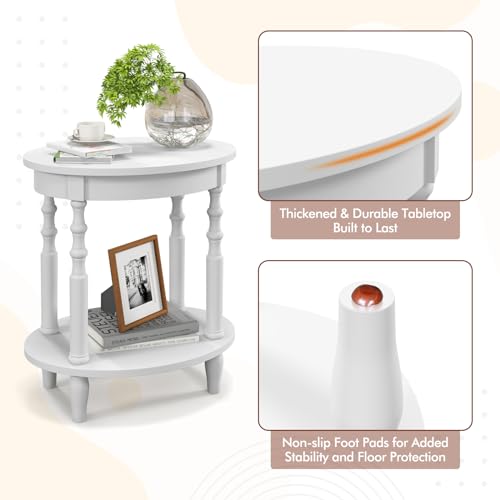 Giantex Oval End Tables Set of 2, 2-Tier Side Tables with Storage Shelf & Solid Wood Legs, Modern Living Room Accent Table, Wood Nightstand for Bedroom, Small Space, 20.5"L x 15.5"D x 24.5"H, White - color: White