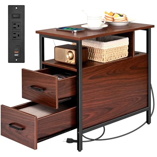 Livofloral Narrow Side Tables with Charging Station, Narrow End Table with Wooden Drawers, USB Ports and Power Outlets, Nightstand and Bedside Table for Bedroom, End Tables Living Room, Espresso - color: Espresso