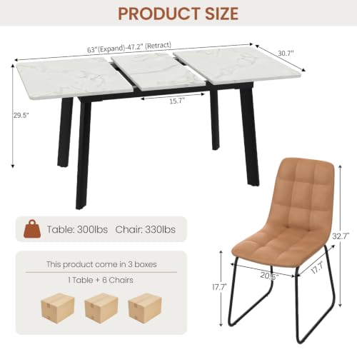 47.2"-63" Extendable Dining Room Table Set for 4-8 People, White | Removable Extension Leaf, Durable MDF Rectangle Tabletop, 6 Brown U-shaped PU Leather Chairs, Heavy Duty Modern Kitchen Table - color: 47.2'' - 63'' White Table+6 U Brown Chairs