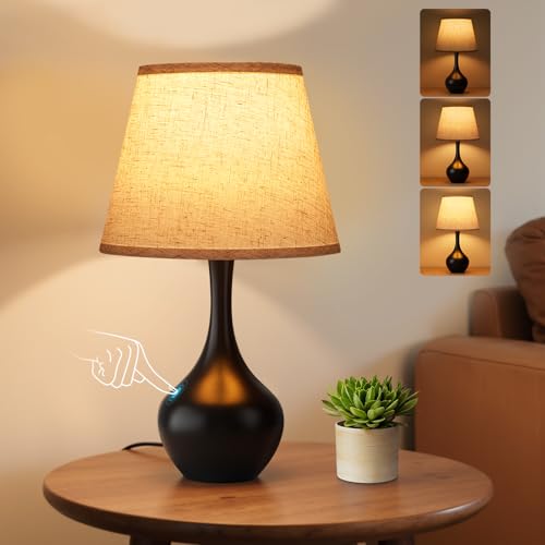 Seealle 16.1" Touch Table Lamps for Nightstand, 3-Way Dimmable Small Bedroom Lamps for Night Stands, Black Bedside Lamps for Living Room, Kids Room, End Table - color: A. Beige Shade & Black Base